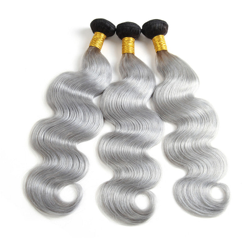 3 Bundles Black To Pink Ombre Short Hair Grey Body Wave Human Hair