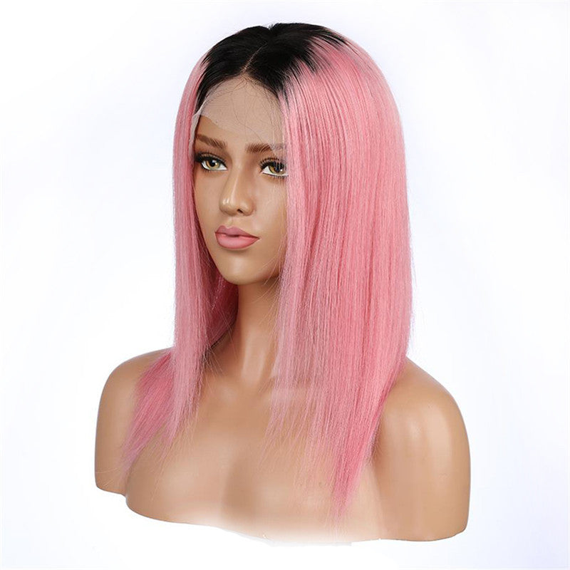 Straight Bob Lace Front Wig 1B/Pink Color Wigs 150% Density Hand Tied Bleached Knots Pre Plucked Hairline