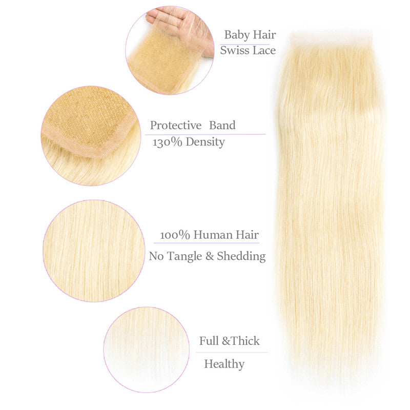 613 4x4 Lace Closure Straight Blond Color Light Brown Lace Hand Tied Human Hair Bleached Knots