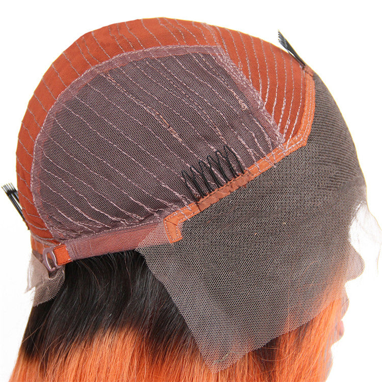 Straight T1B Orange Root Color Lace Front Wig Average Size No Chemical Processing Can Be Permed Pre Plucked Hairline