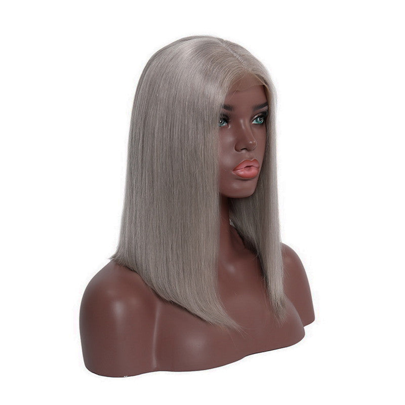 Straight Bob Lace Front Wig Grey Color 150% Density Glueless Swiss Lace Human Hair Pre Plucked Hairline