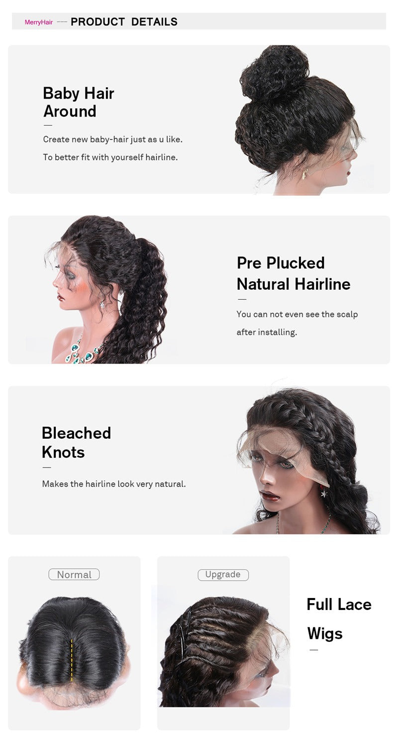 Full Lace Wig Water Wave Black Color No Shedding No Tangle No Chemical Processing Swiss Lace