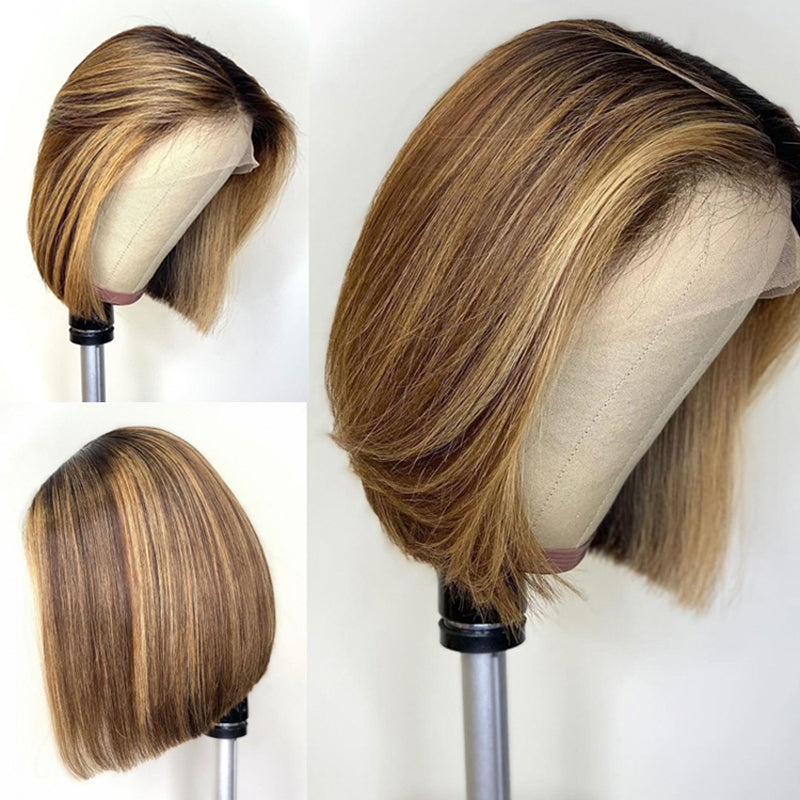 #4/27 Highlight Short Bob Ear To Ear Brazilian Remy Hair Ombre Lace Front Wig
