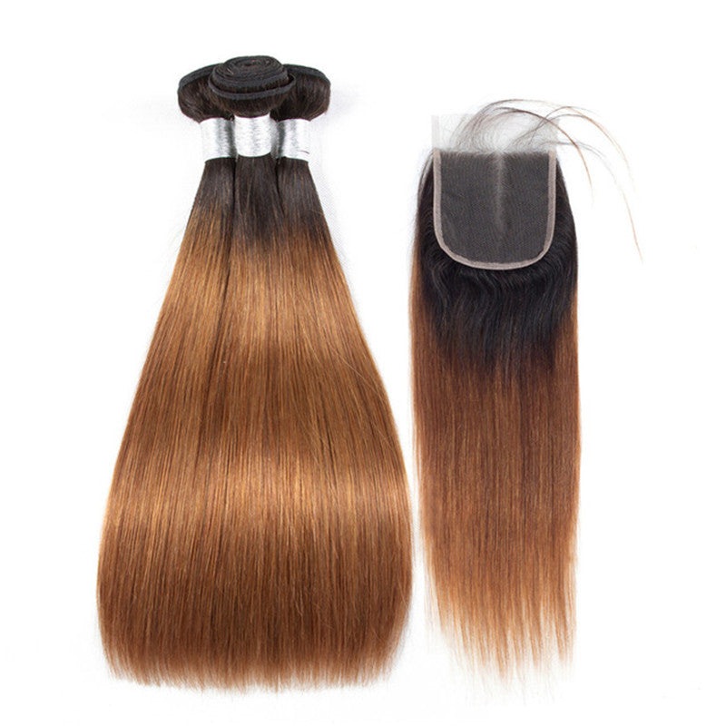 3 Bundles Ombre Color Straight Hair Weft With Two-Tone Lace Closure