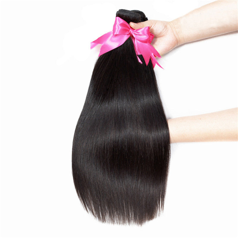 2 Bundles Straight Human Hair Weave With Natural Black Color 360 Lace Frontal