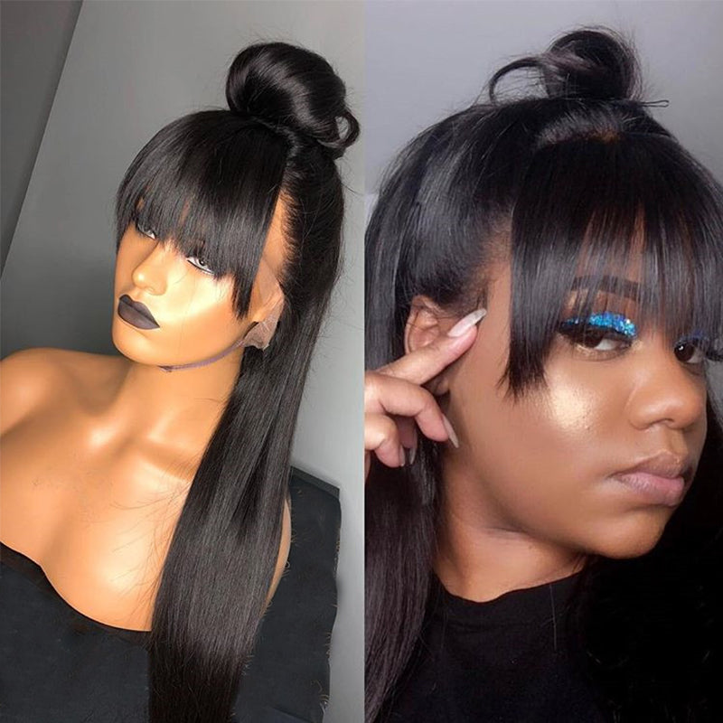 MerryHair Transparent Lace Wig Glueless Lace Front Wig With Bangs Straight 150 180 Density Human Hair Wig