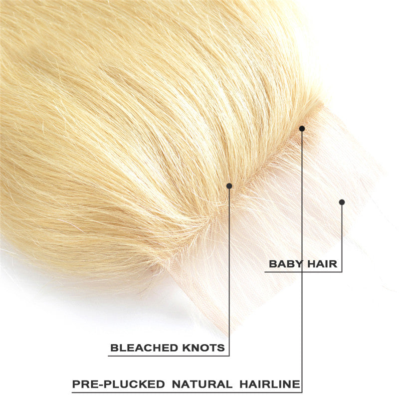 613 4x4 Lace Closure Straight Blond Color Light Brown Lace Hand Tied Human Hair Bleached Knots