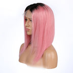 Straight Bob Lace Front Wig 1B/Pink Color Wigs 150% Density Hand Tied Bleached Knots Pre Plucked Hairline