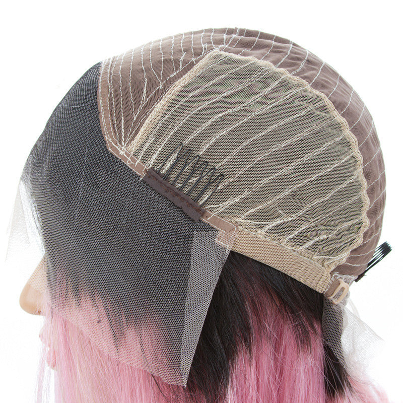 Straight Bob Lace Front Wig 1B/Pink Color Wigs 150% Density Hand Tied Bleached Knots Pre Plucked Hairline