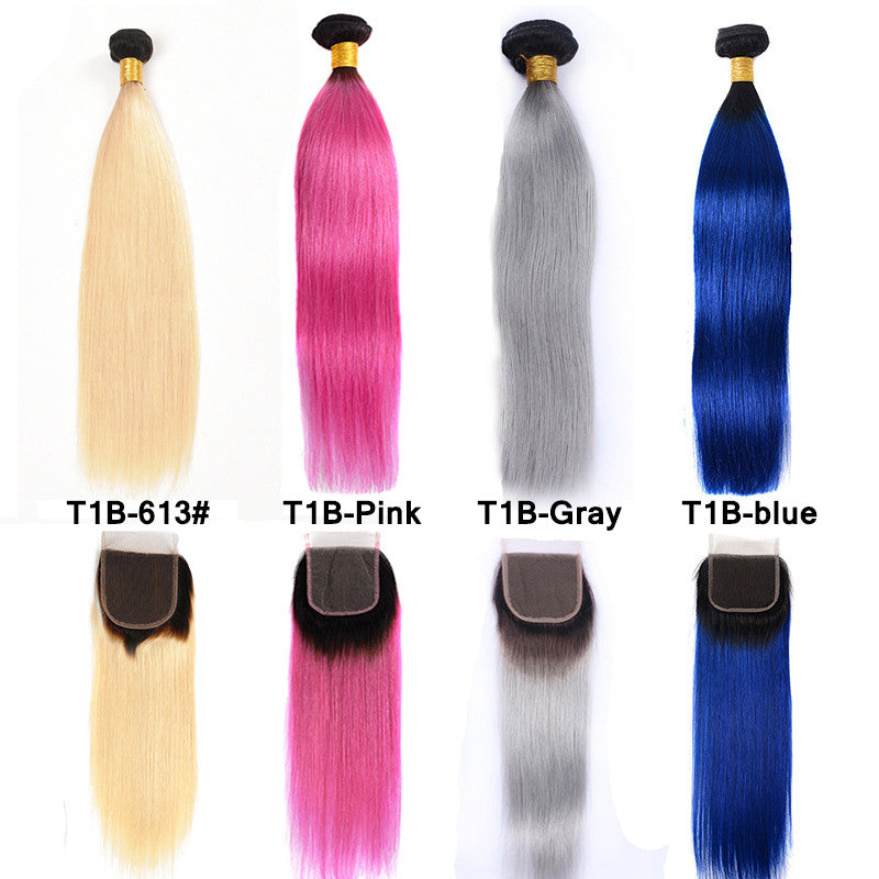3 Bundles Human Hair Weave Ombre Hair Color Straight Hair Weft With Lace Closure
