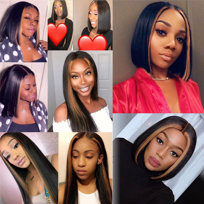 Straight Highlights Long Bob Wigs Lace Front Wig With Middle Part