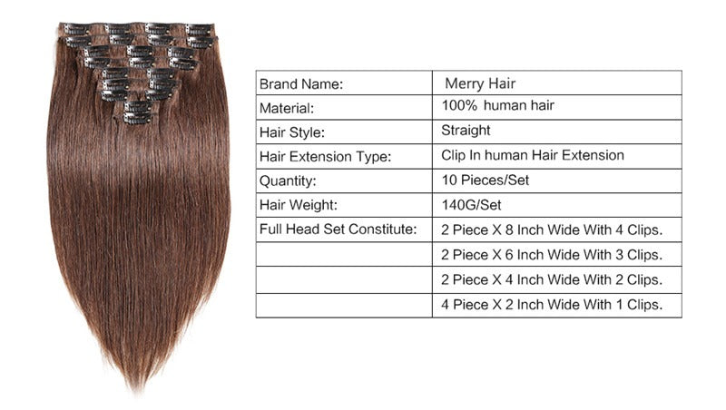 4# Color Straight 120g Human Hair 10PCS Clip In Hair Extentions For Women 10~30 Inch