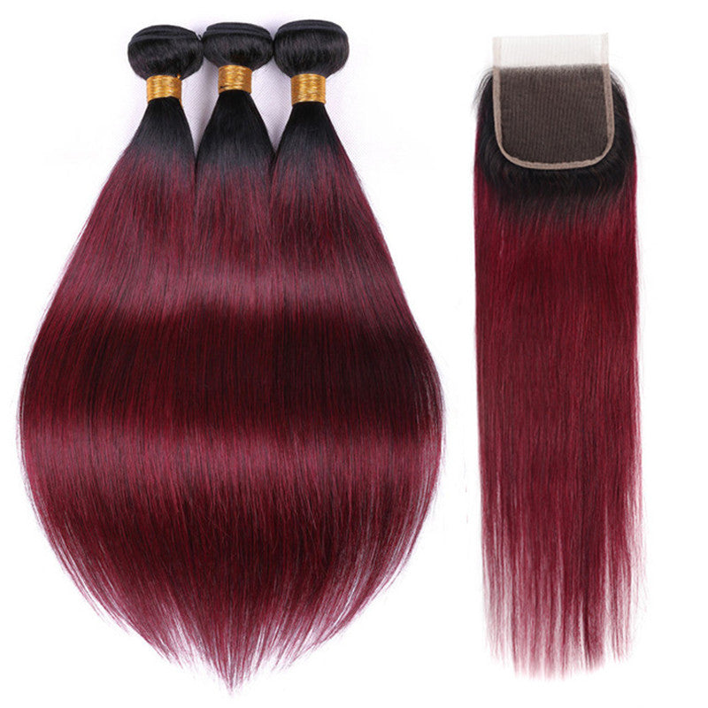 3 Bundles Ombre Color Straight Hair Weft With Two-Tone Lace Closure