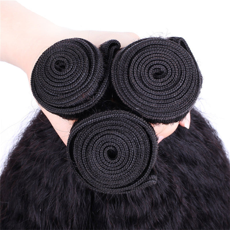 3 Bundles Natural Hair Afro Kinky Straight Hair With 360 Lace Frontal With Natural Hairline