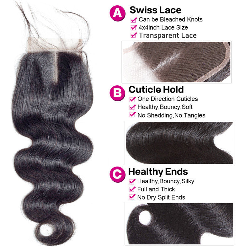 Brazilian Bady Wave Hair HD Transparent Lace Closure Free/Middle/Three Part Remy Human Hair 4x4 Inch Swiss Lace Top Closure Factory Wholesale Price Bl