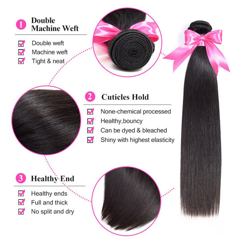 2 Bundles Straight Human Hair Weave With Natural Black Color 360 Lace Frontal