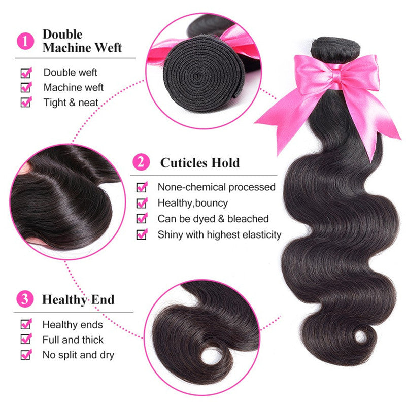 3 Bundles Virgin Hair BodyWave Natural Color With 360 Lace Frontal Natural Hairline