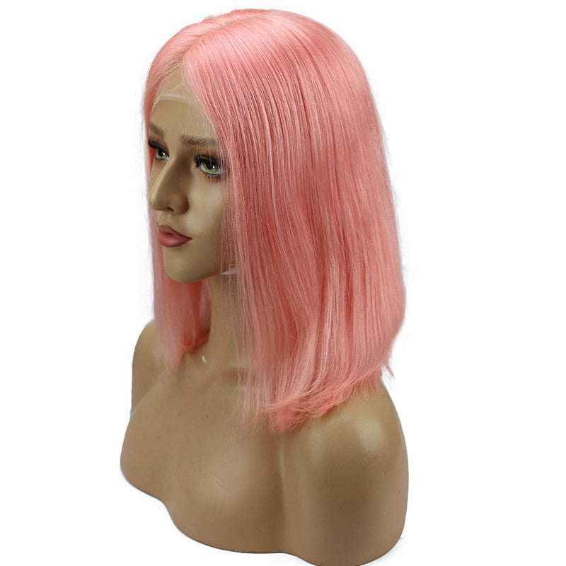 Straight Bob Lace Front Wig Pink Color 150% Density Glueless Can Be Permed Natural Color Hand Tied