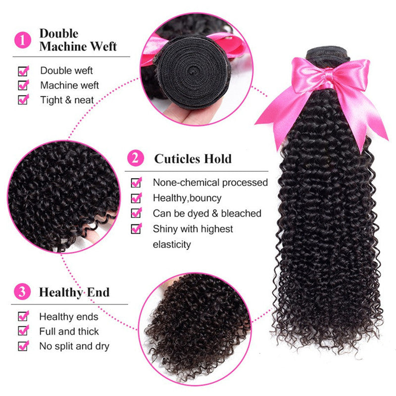 2 Bundles Afro Kinky Curly Natural Color Hair With 360 Lace Frontal With Baby Hair