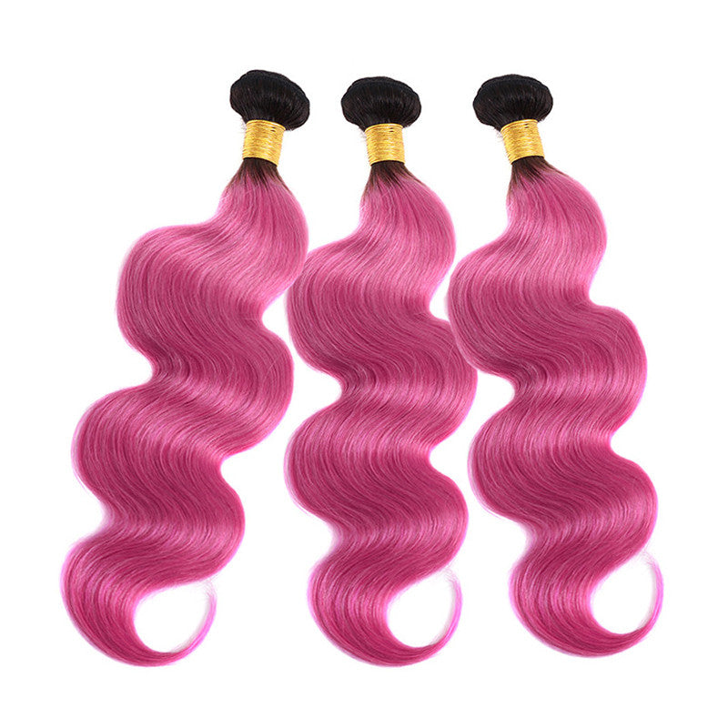 3 Bundles Black To Pink Ombre Short Hair Grey Body Wave Human Hair