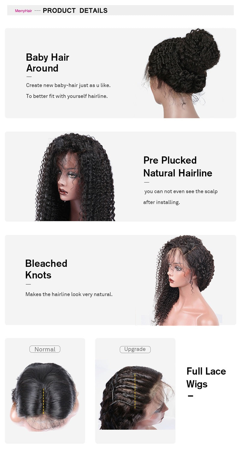 Full Lace Wig Kinky Curly Bleached Knots Natural Color Natural Headline No Chemical Processing