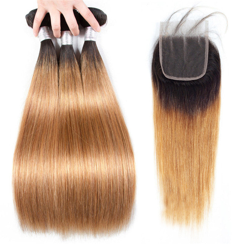 3 Bundles Ombre Color Straight Hair Weft With Two-Tone Lace Closure