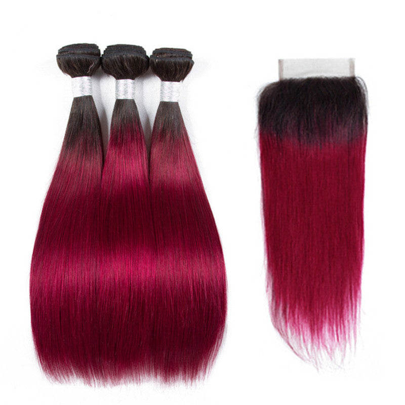 3 Bundles Ombre Color Straight Hair Weft With Two-Tone Lace Closure