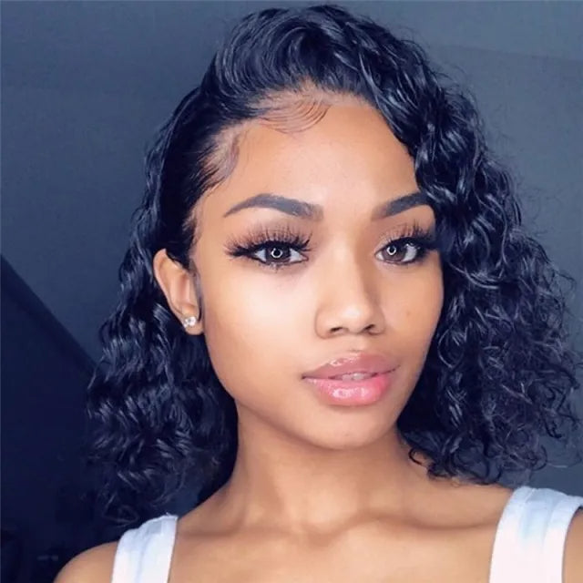 Deep Curly 150% Density Bob Lace Front Wig Side Part Natural Color Pre Plucked Hairline
