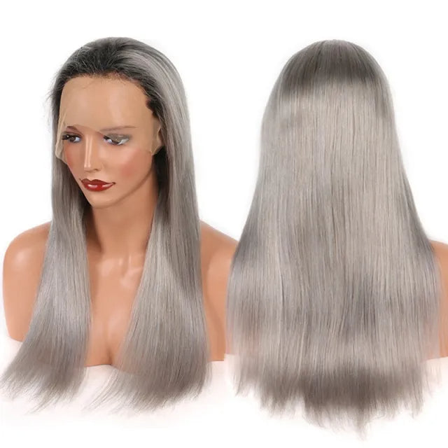 Straight 1B_Grey Color Lace Front Wig No Shedding No Tangle Remy Hair No Chemical Processing Pre Plucked Hairline