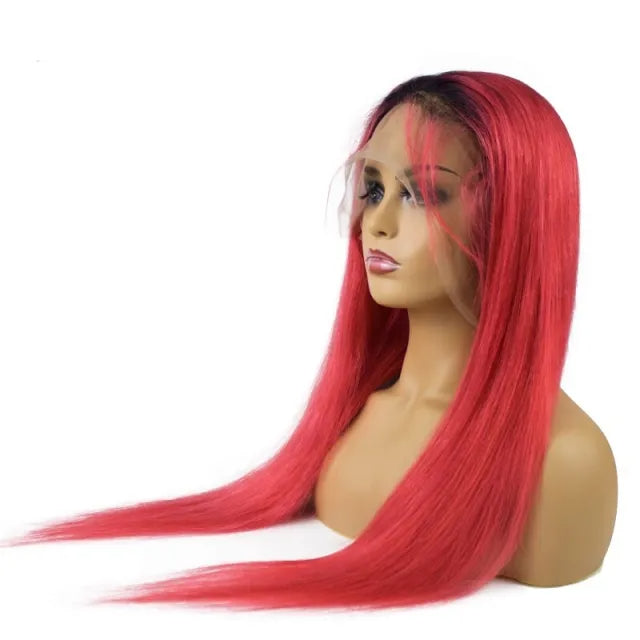 Straight 1B_Red Color Lace Front Wig Bleached Knots Suitable Dying Colors With Baby Hair Pre Plucked Hairline