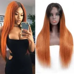 Straight T1B Orange Root Color Lace Front Wig Average Size No Chemical Processing Can Be Permed Pre Plucked Hairline（副本）