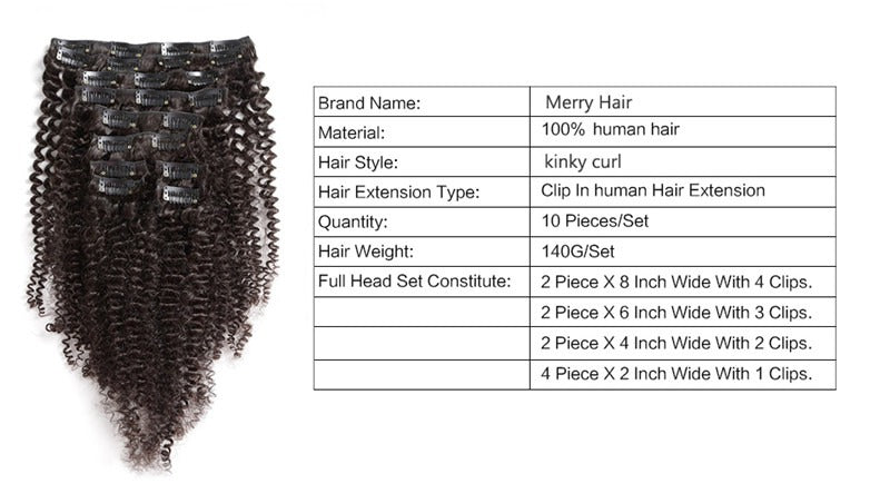Afro Kinky Curly Human Hair Extensions 10 Pcs/Set Best Clip Ins For Black Hair Natural Black Full Head