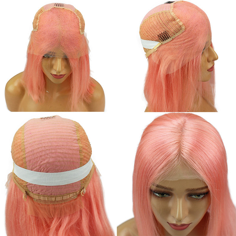 Straight Bob Lace Front Wig Pink Color 150% Density Glueless Can Be Permed Natural Color Hand Tied