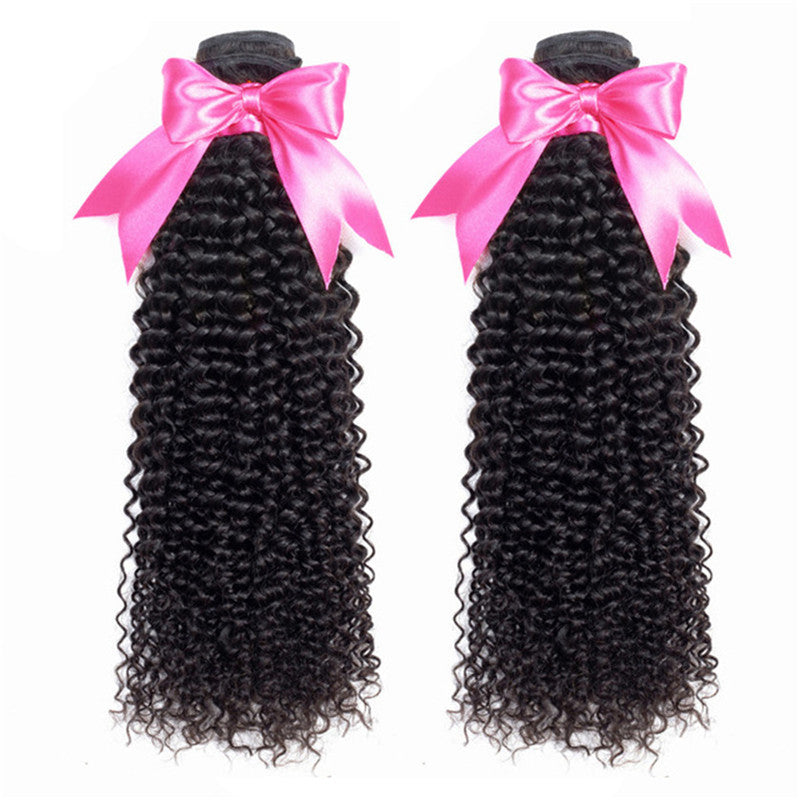 2 Bundles Afro Kinky Curly Natural Color Hair With 360 Lace Frontal With Baby Hair