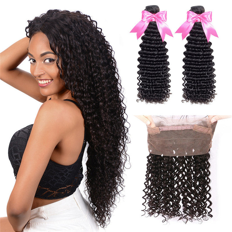 2 Bundles Human Hair With Natural Hairline 360 Lace Frontal Deep Wave