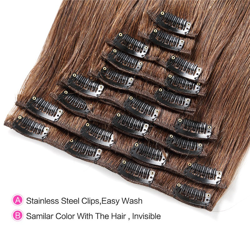 4# Color Straight 120g Human Hair 10PCS Clip In Hair Extentions For Women 10~30 Inch