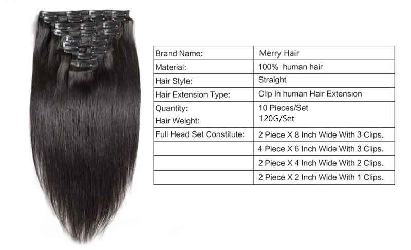 Straight 120g Human Hair 10PCS Clip In Hair Extentions For Women 10~30 Inch