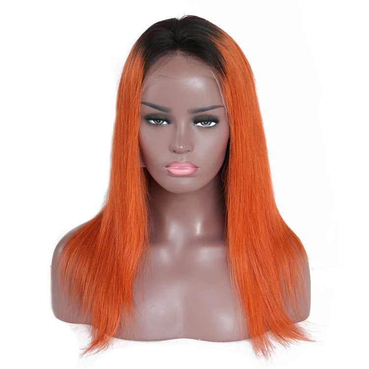 Straight T1B Orange Root Color Lace Front Wig Average Size No Chemical Processing Can Be Permed Pre Plucked Hairline