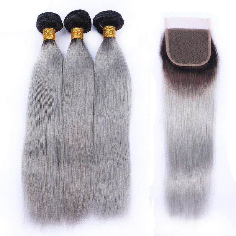 3 Bundles Human Hair Weave Ombre Hair Color Straight Hair Weft With Lace Closure