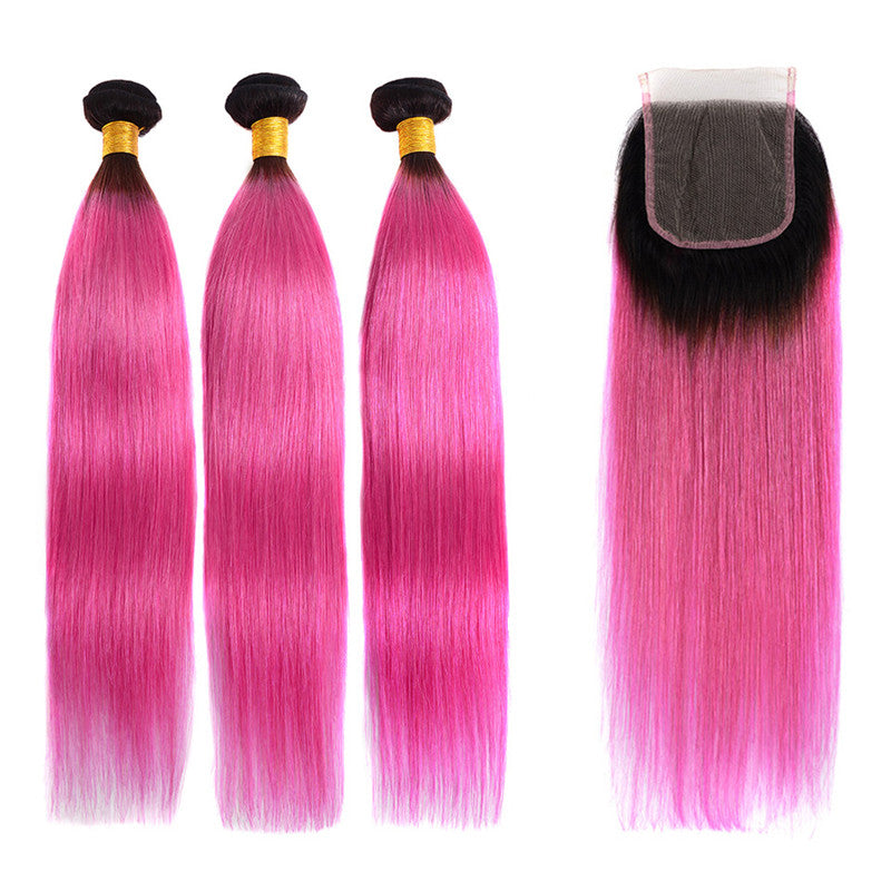 3 Bundles Human Hair Weave Ombre Hair Color Straight Hair Weft With Lace Closure