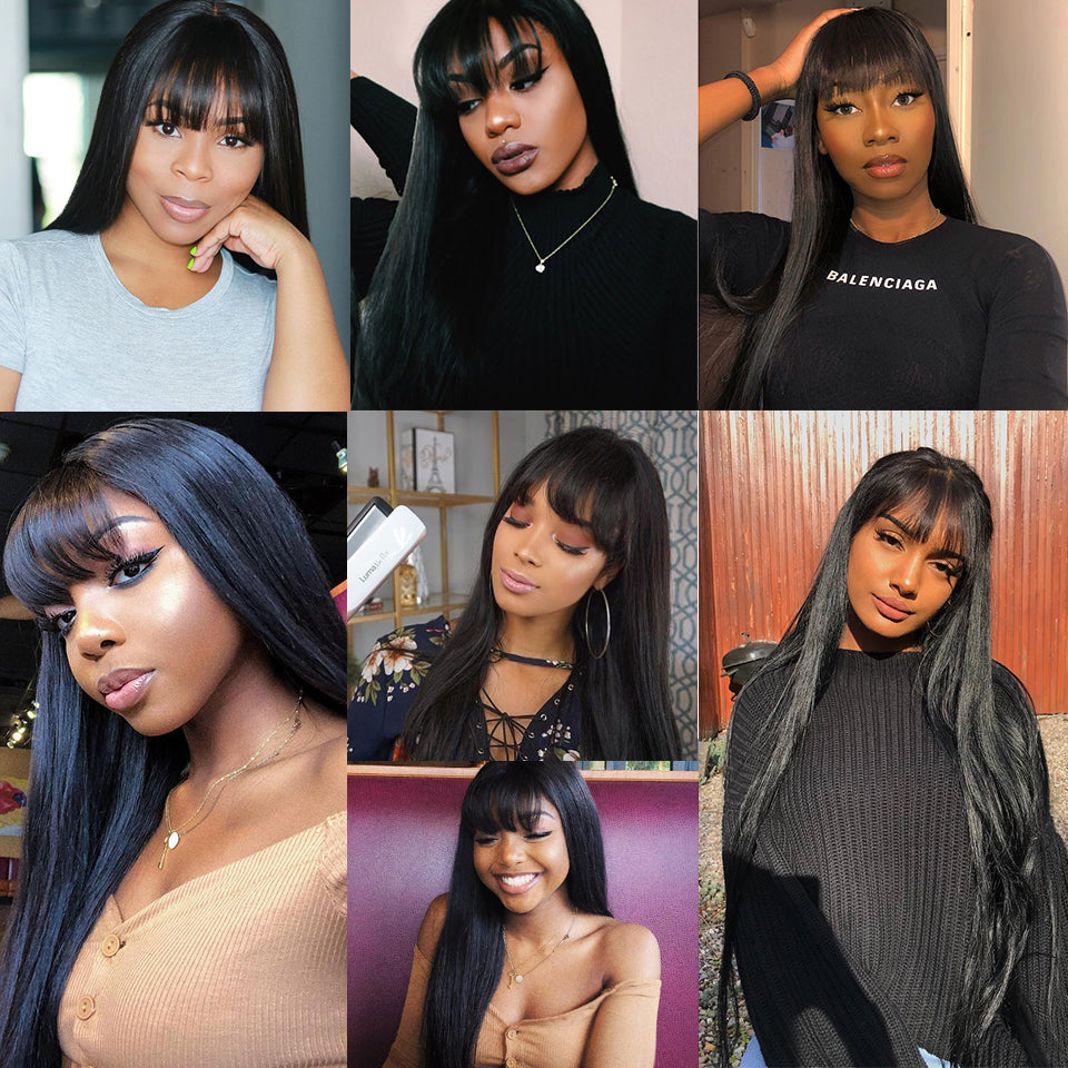 MerryHair Transparent Lace Wig Glueless Lace Front Wig With Bangs Straight 150 180 Density Human Hair Wig