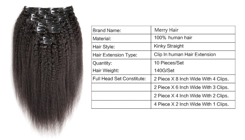 Kinky Straight 100g-130g 16 Inch-26 Inch Head Made Remy Hair 10Pcs Clips In 100% Human Hair