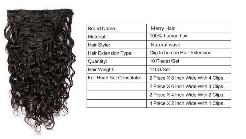 Natural Wave Wavy Natural Black Color Human Hair 10PCS Clip In Hair Extentions For Women 10~30 Inch