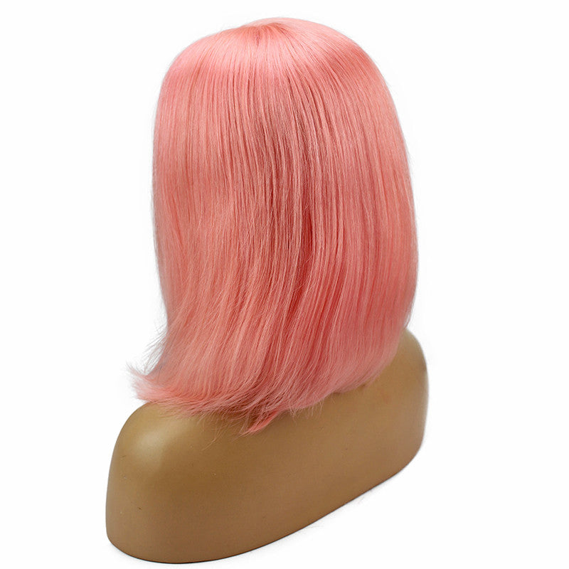 Straight Bob Lace Front Wig Pink Color 150% Density Glueless Can Be Permed Natural Color Hand Tied