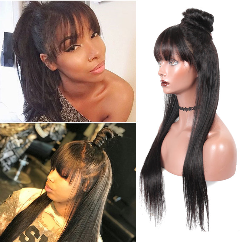 MerryHair Transparent Lace Wig Glueless Lace Front Wig With Bangs Straight 150 180 Density Human Hair Wig