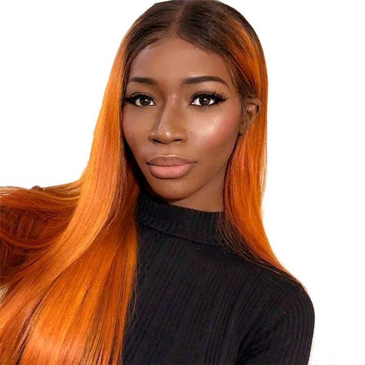 Straight T1B Orange Root Color Lace Front Wig Average Size No Chemical Processing Can Be Permed Pre Plucked Hairline