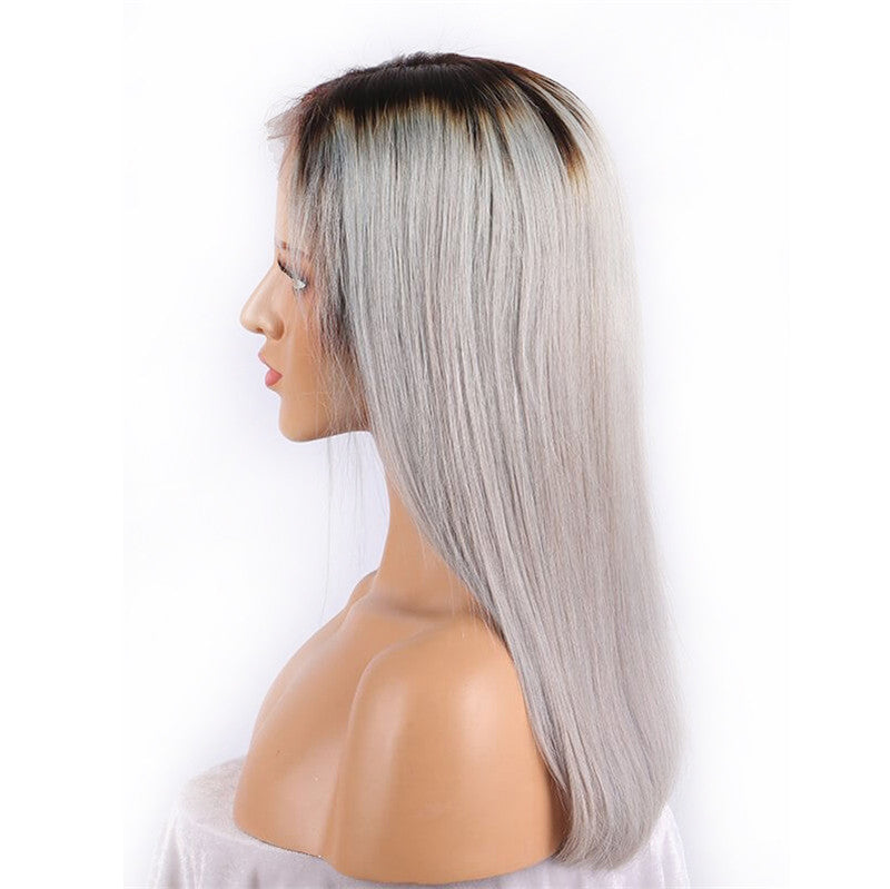 Color Full Lace Wig Straight 1B/Grey Root Ombre Color Top Quality With Baby Hair