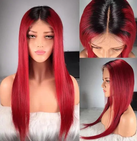 Straight 1B_Red Color Lace Front Wig Bleached Knots Suitable Dying Colors With Baby Hair Pre Plucked Hairline
