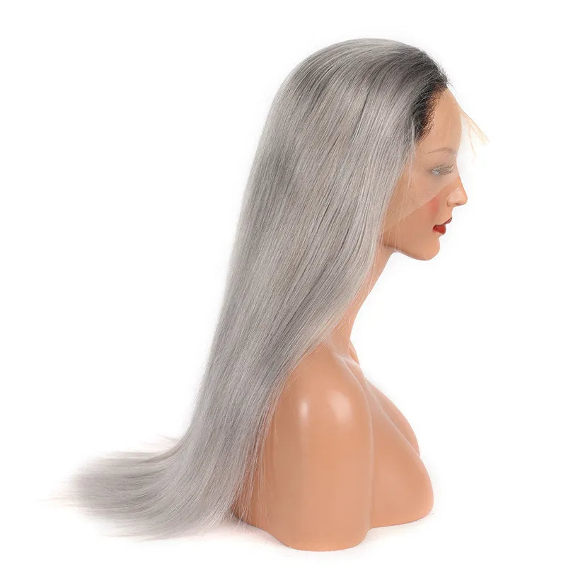 Straight 1B_Grey Color Lace Front Wig No Shedding No Tangle Remy Hair No Chemical Processing Pre Plucked Hairline