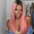 Straight Color Lace Front Wig 1B_Pink Average Size Suitable Dying Colors Natural Headline No Shedding No Tangle